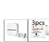 White portable mini printer with button, shown with three rolls of thermal printer paper.