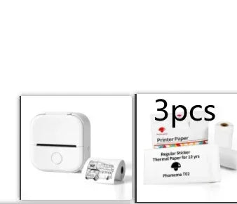 White portable mini printer with button, shown with three rolls of thermal printer paper.