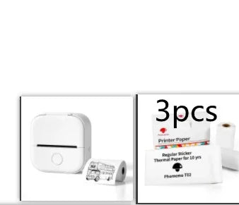 White portable mini printer with button, shown with three rolls of thermal printer paper.