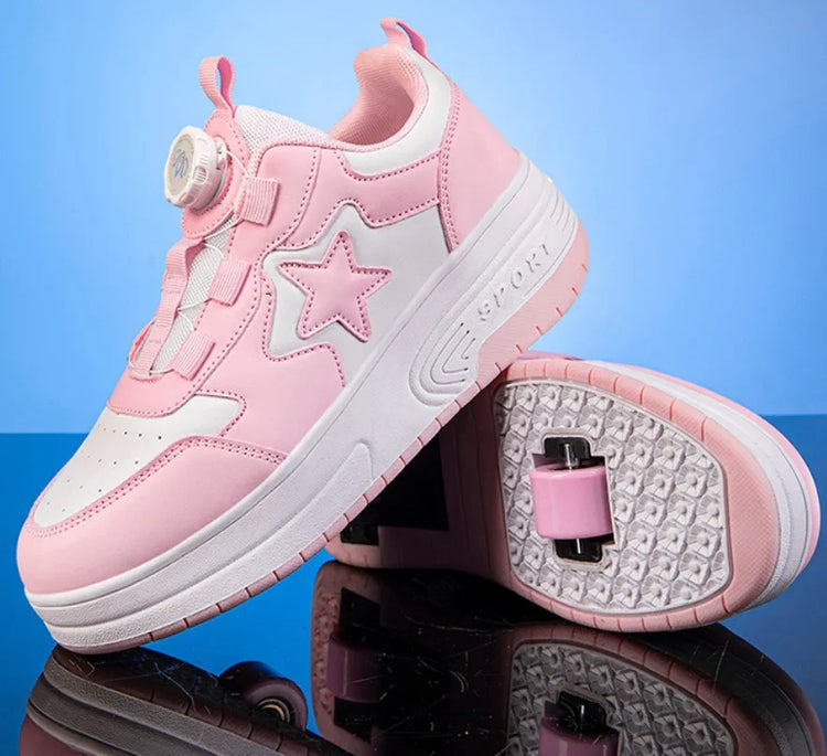 Pink and white roller skate sneakers with star detail and retractable wheels, sporty style