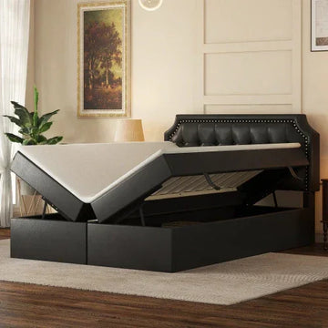 Modern black upholstered storage bed with tufted headboard and lift-up mattress in bedroom