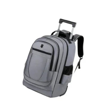 Gray rolling backpack with multiple zippered compartments, side pockets, and padded straps
