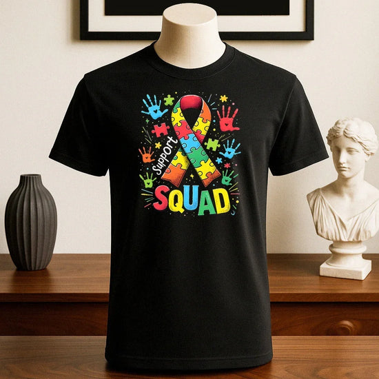 Black unisex T-shirt with colorful puzzle ribbon print, crew neck, regular fit, cotton fabric