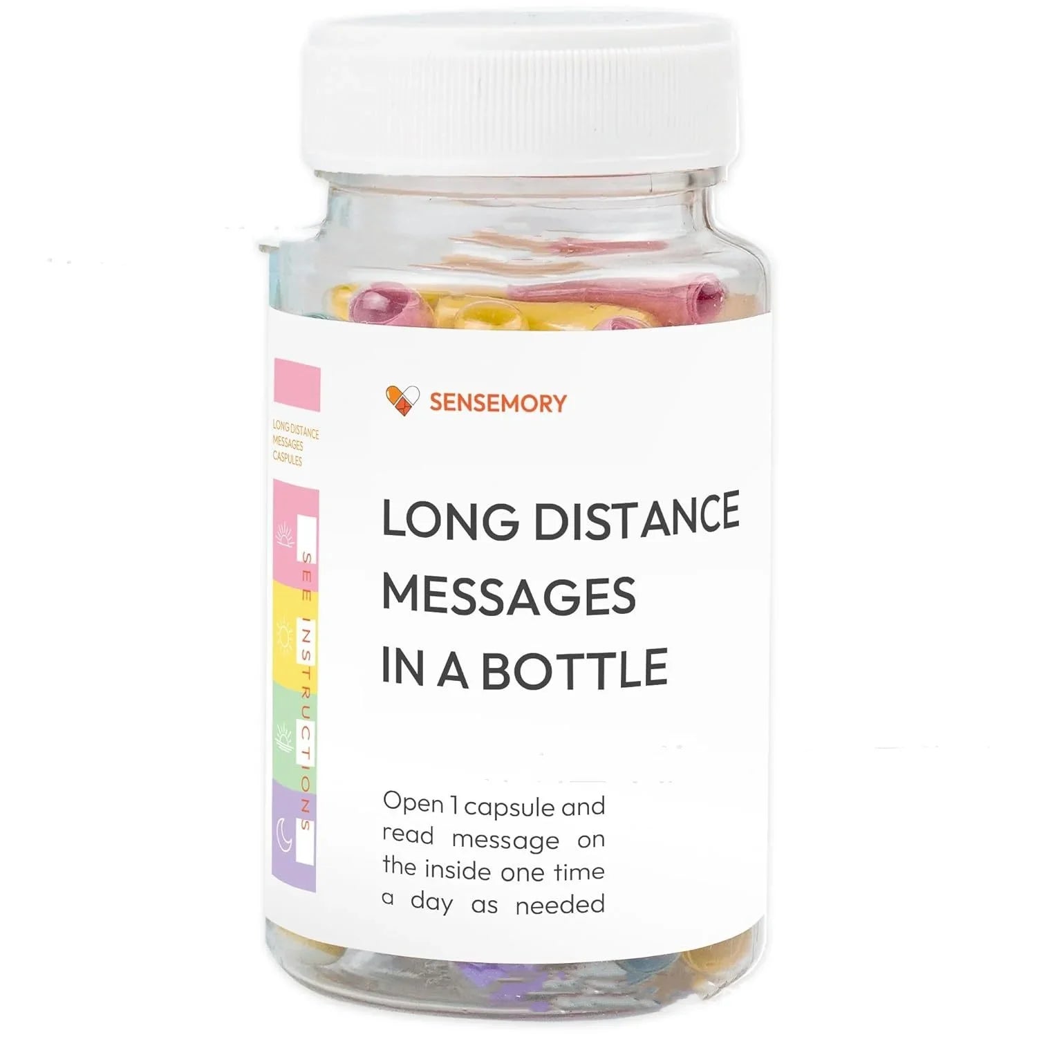 Clear plastic bottle with colorful capsules labeled for long distance messages