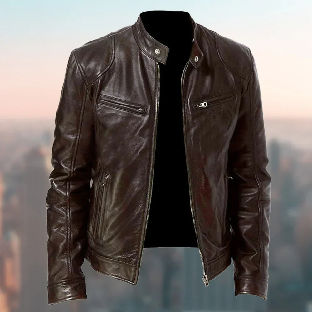 Men's brown leather biker jacket with slim fit and zippered pockets, urban backdrop