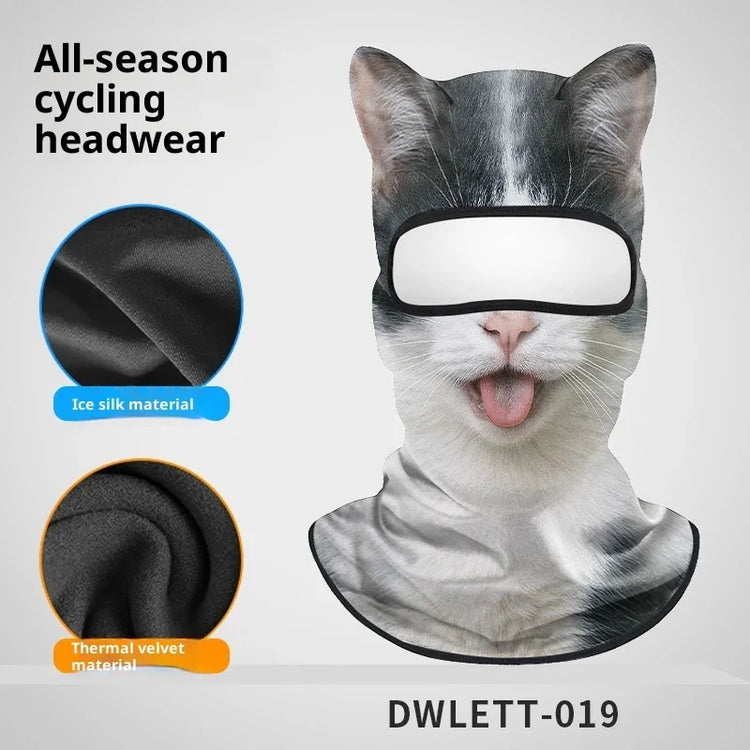 All-season cycling balaclava with cat face print, ice silk and thermal velvet options, unisex fit.