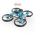 Futuristic blue and black quadcopter drone with protective propeller guards on a white background