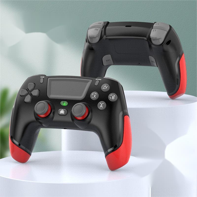 Black and red wireless gaming controller with textured grips and ergonomic design