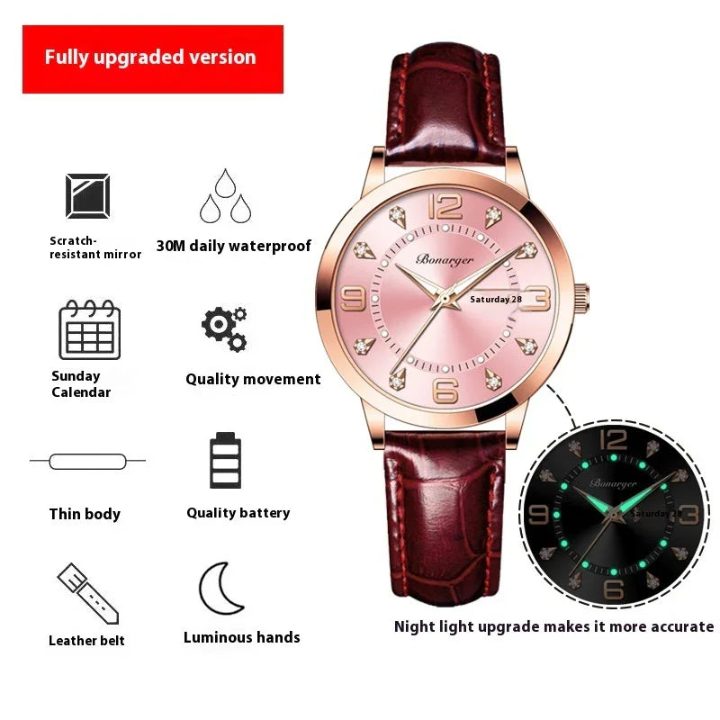 Rose gold round watch with pink dial, brown leather strap, luminous hands, and waterproof features