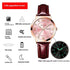 Rose gold round watch with pink dial, brown leather strap, luminous hands, and waterproof features