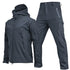 Black tactical jacket and pants set with multiple zippered pockets, slim fit, modern streetwear style.