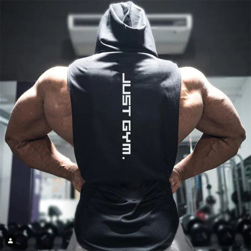 Sleeveless black gym hoodie with bold white text, relaxed fit, muscle-cut style