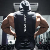 Sleeveless black gym hoodie with bold white text, relaxed fit, muscle-cut style
