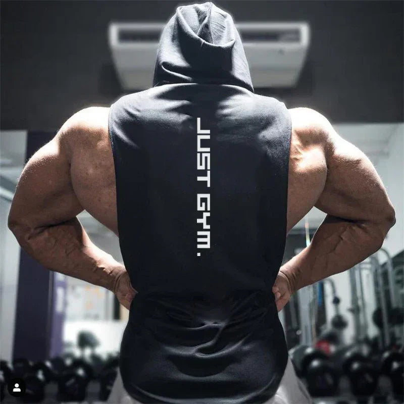 Sleeveless black gym hoodie with bold white text, relaxed fit, muscle-cut style