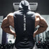 Sleeveless black gym hoodie with bold white text, relaxed fit, muscle-cut style