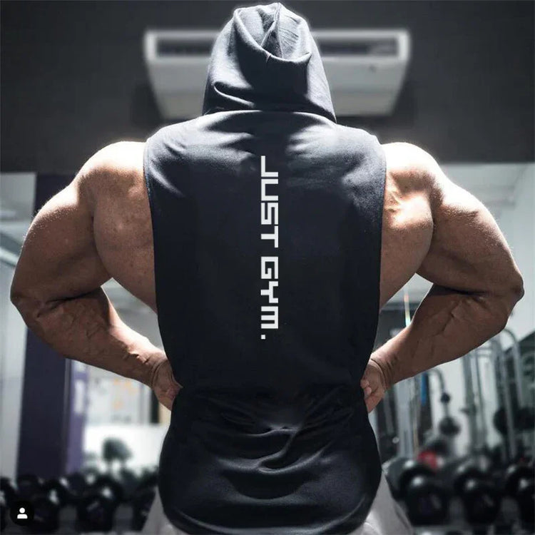 Sleeveless black gym hoodie with bold white text, relaxed fit, muscle-cut style