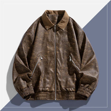 Oversized brown distressed bomber jacket with zip-up front, elastic cuffs, and cotton collar.