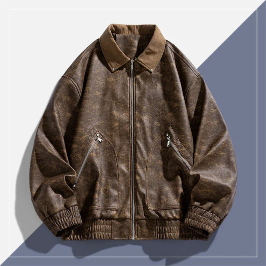 Oversized brown distressed bomber jacket with zip-up front, elastic cuffs, and cotton collar.