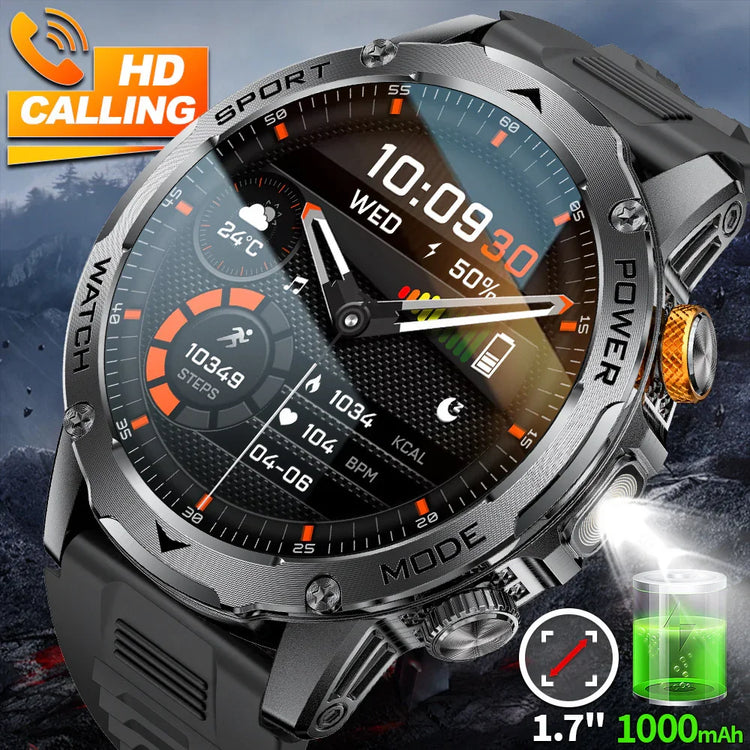 Rugged black and silver smart watch with large display, fitness tracking, and flashlight feature