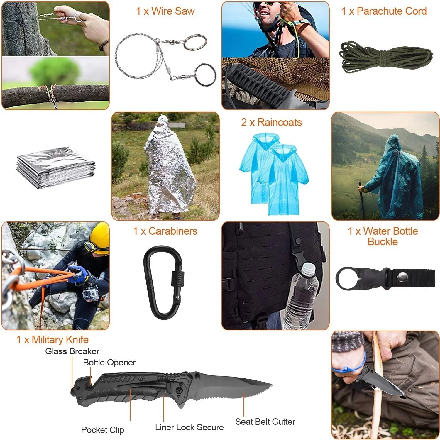 Survival gear set with wire saw, military knife, carabiner, raincoats, parachute cord, water bottle buckle, emergency blanket, and outdoor use scenes.