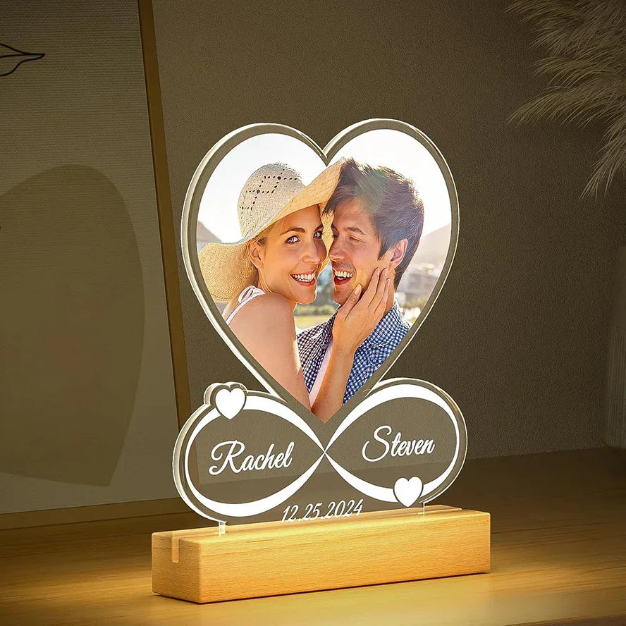 Custom LED acrylic lamp with photo, heart shape, infinity symbol, and date engraving.