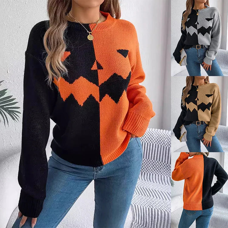 Color block pumpkin face knit sweater in orange, black, and beige, relaxed fit, casual streetwear.