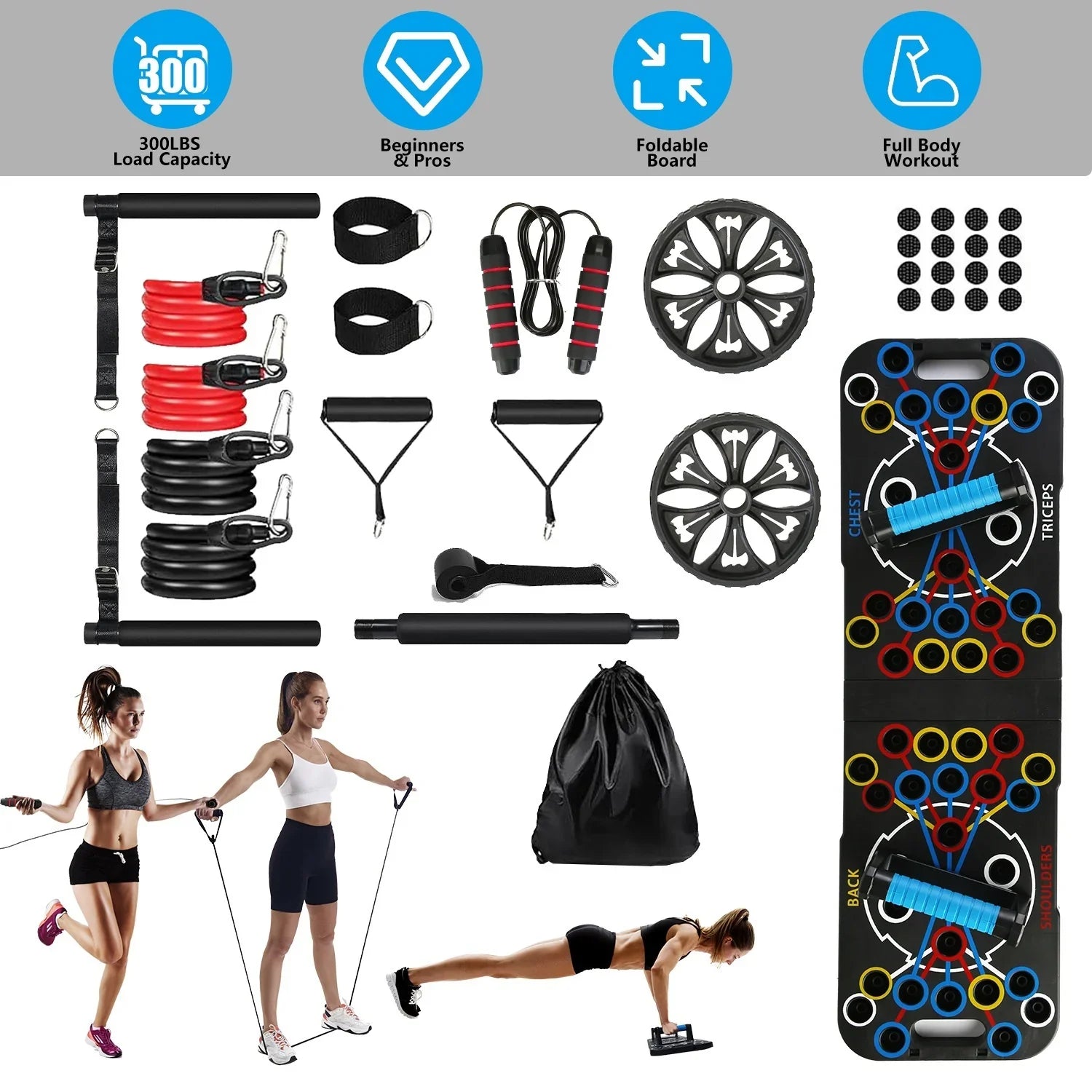 Women in sporty crop tops and shorts demonstrating home workout set with resistance bands and push-up board.
