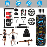 Women in sporty crop tops and shorts demonstrating home workout set with resistance bands and push-up board.