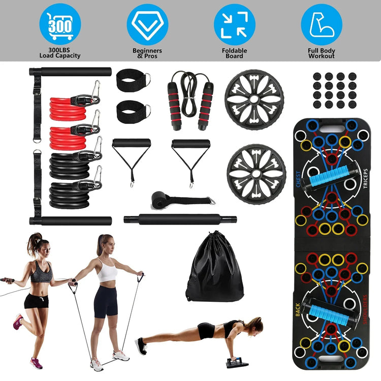 Women in sporty crop tops and shorts demonstrating home workout set with resistance bands and push-up board.