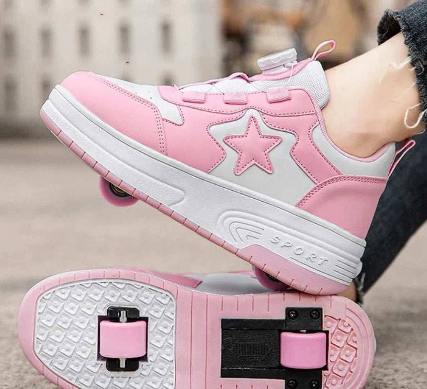 Pink and white roller sneakers with star detail, thick sole, sporty streetwear style
