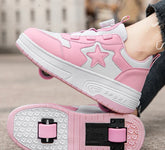 Pink and white roller sneakers with star detail, thick sole, sporty streetwear style
