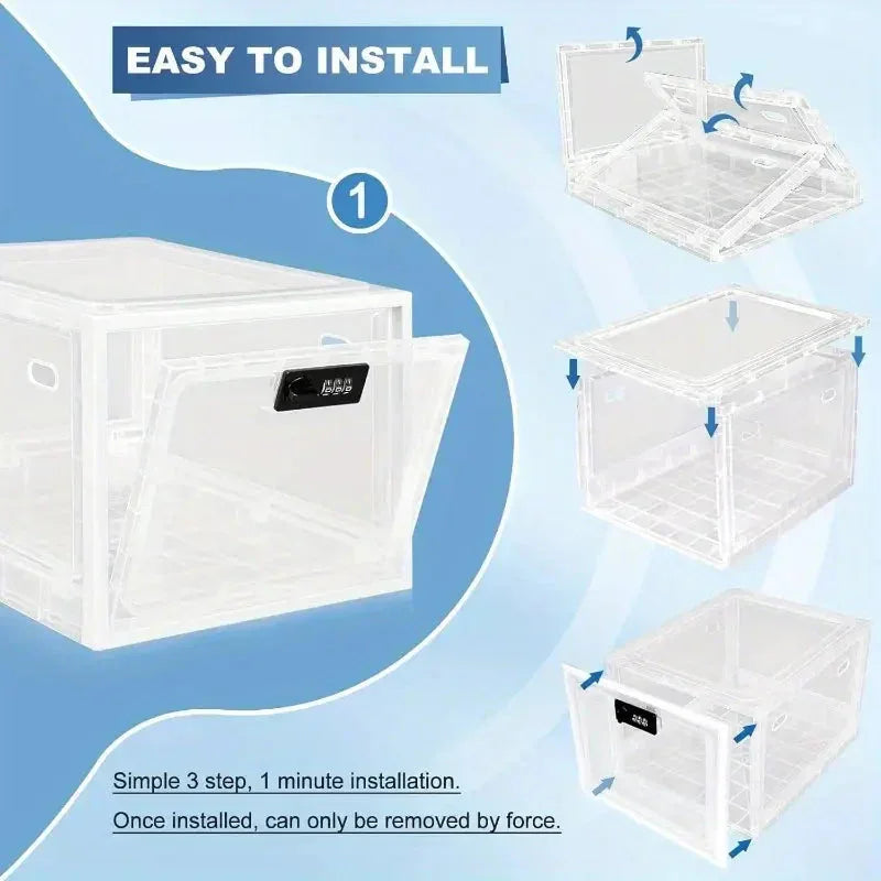 Clear plastic storage box with combination lock, easy three-step assembly instructions shown.