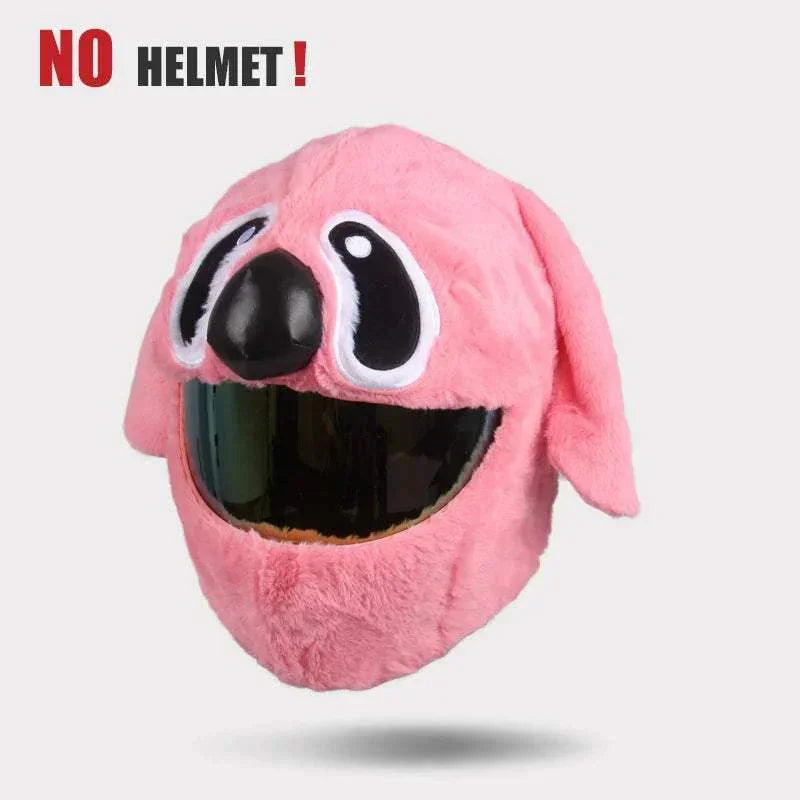 Pink plush dog helmet cover with large cartoon eyes and floppy ears, faux fur material.