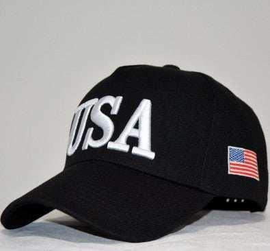 Black curved-brim cotton baseball cap with white USA text and small American flag patch