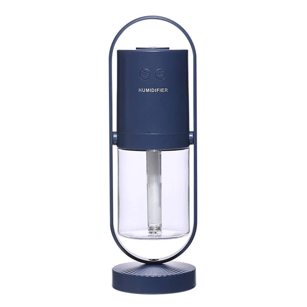 Modern blue and clear portable humidifier with sleek cylindrical design and handle.