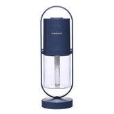 Modern blue and clear portable humidifier with sleek cylindrical design and handle.