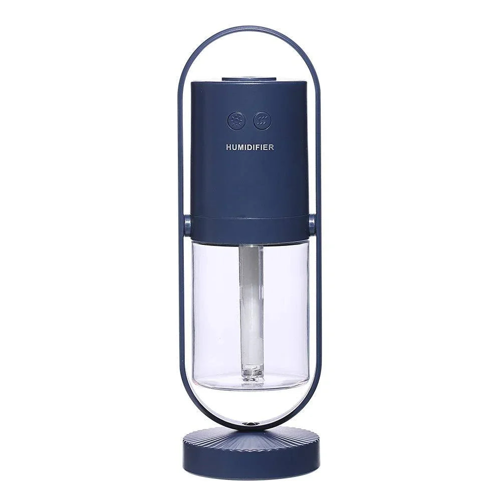 Modern blue and clear portable humidifier with sleek cylindrical design and handle.