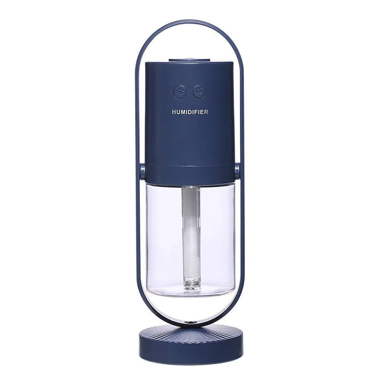 Modern blue and clear portable humidifier with sleek cylindrical design and handle.