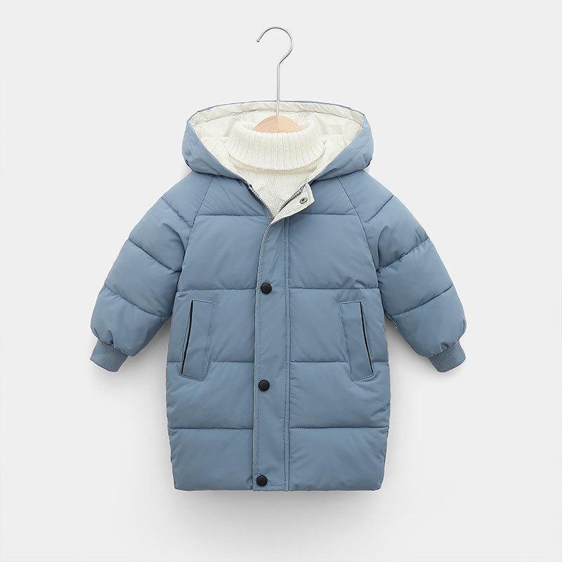 Light blue puffer jacket with hood, quilted design, and relaxed fit, displayed on hanger