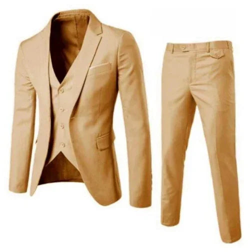 Men's slim fit beige three-piece suit with blazer, vest, and dress pants, formal style