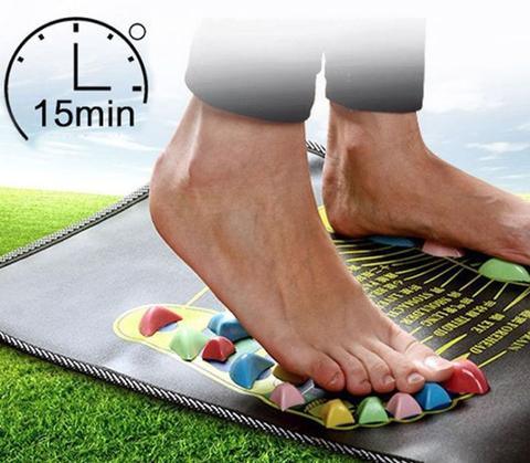 Bare feet on colorful acupressure mat outdoors, black slim-fit pants, relaxed fit