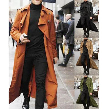 Men's long trench coat for streetwear, available in brown, black, khaki, and olive green, with tailored fit and urban style.