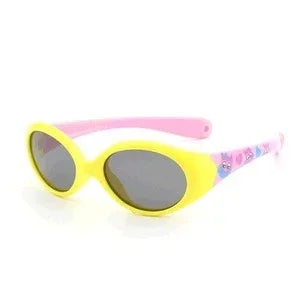 Oval sunglasses with yellow frame, pink arms, and black lenses, featuring a glossy finish.