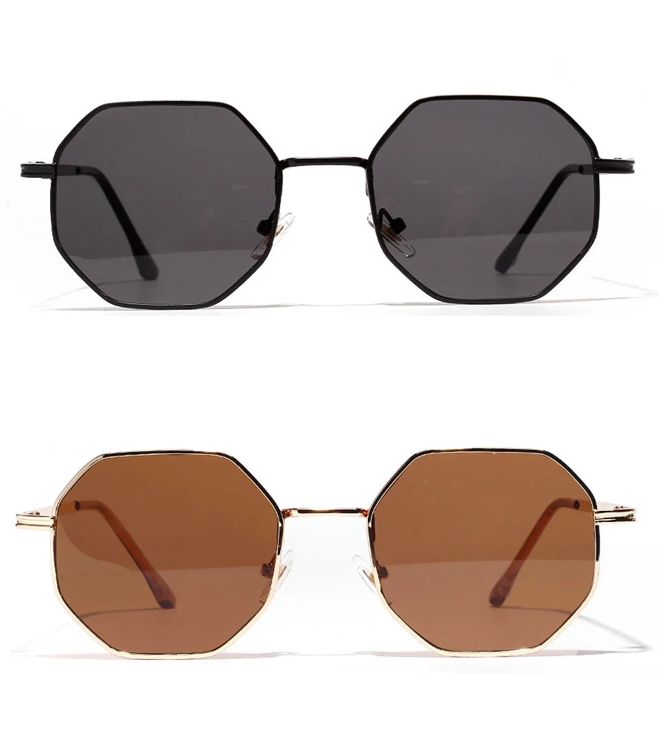 Two pairs of octagonal sunglasses with metal frames, one black with dark lenses, one gold with brown lenses.
