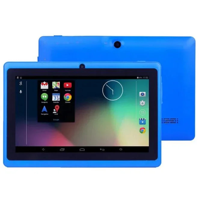 Blue Android tablet with touchscreen display and front camera, showing home screen apps