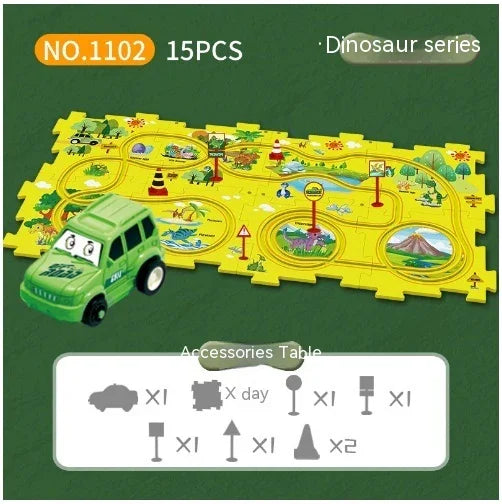 Green toy car and yellow puzzle play mat with dinosaur-themed road design, 15-piece set.