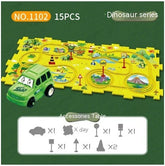 Green toy car and yellow puzzle play mat with dinosaur-themed road design, 15-piece set.