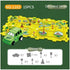 Green toy car and yellow puzzle play mat with dinosaur-themed road design, 15-piece set.