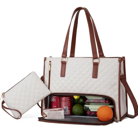 Quilted white tote bag with brown straps and insulated compartment, matching pouch