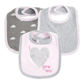 Set of three cotton baby bibs in pastel pink, grey, and printed cloud designs, soft fit.